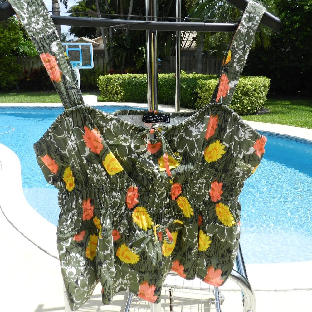 BCBGMAXAZRIA Floral Peplum Top Size M Green Orange Yellow Smocked Strapless